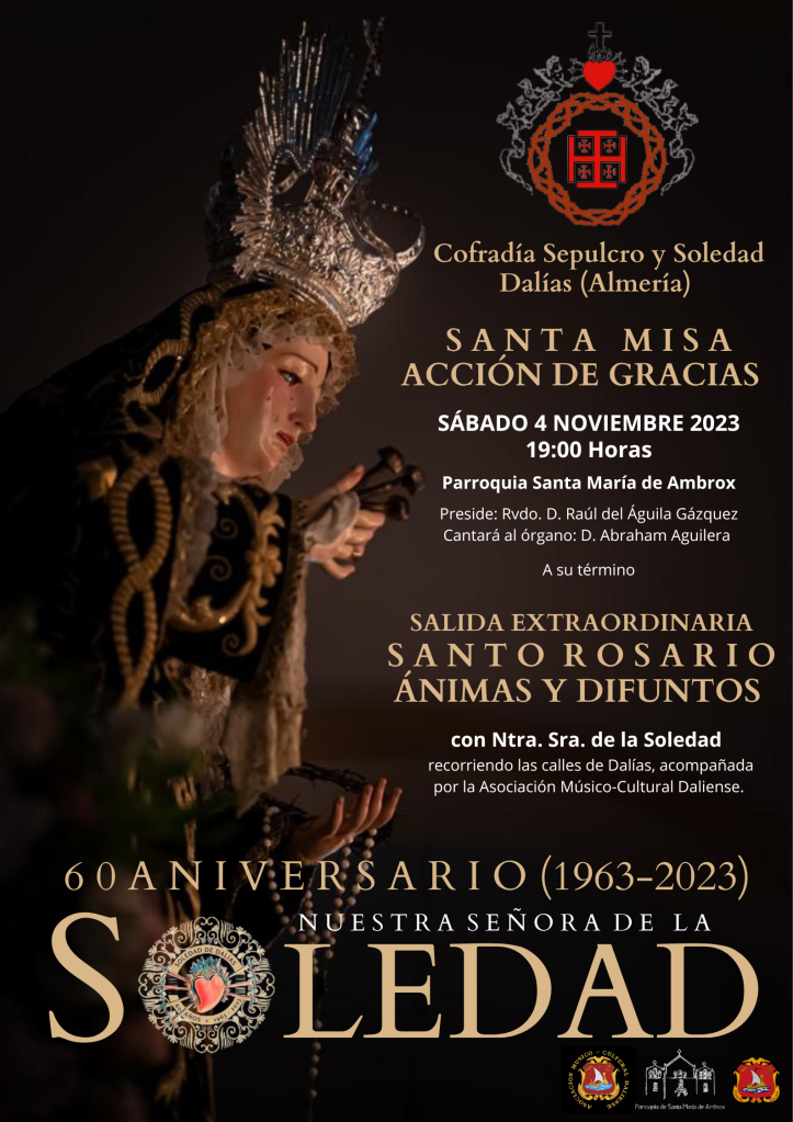 Horario e Itinerario Rosario vespertino extraordinario de la Virgen de la Soledad de Dalías este 04 de Noviembre del 2023